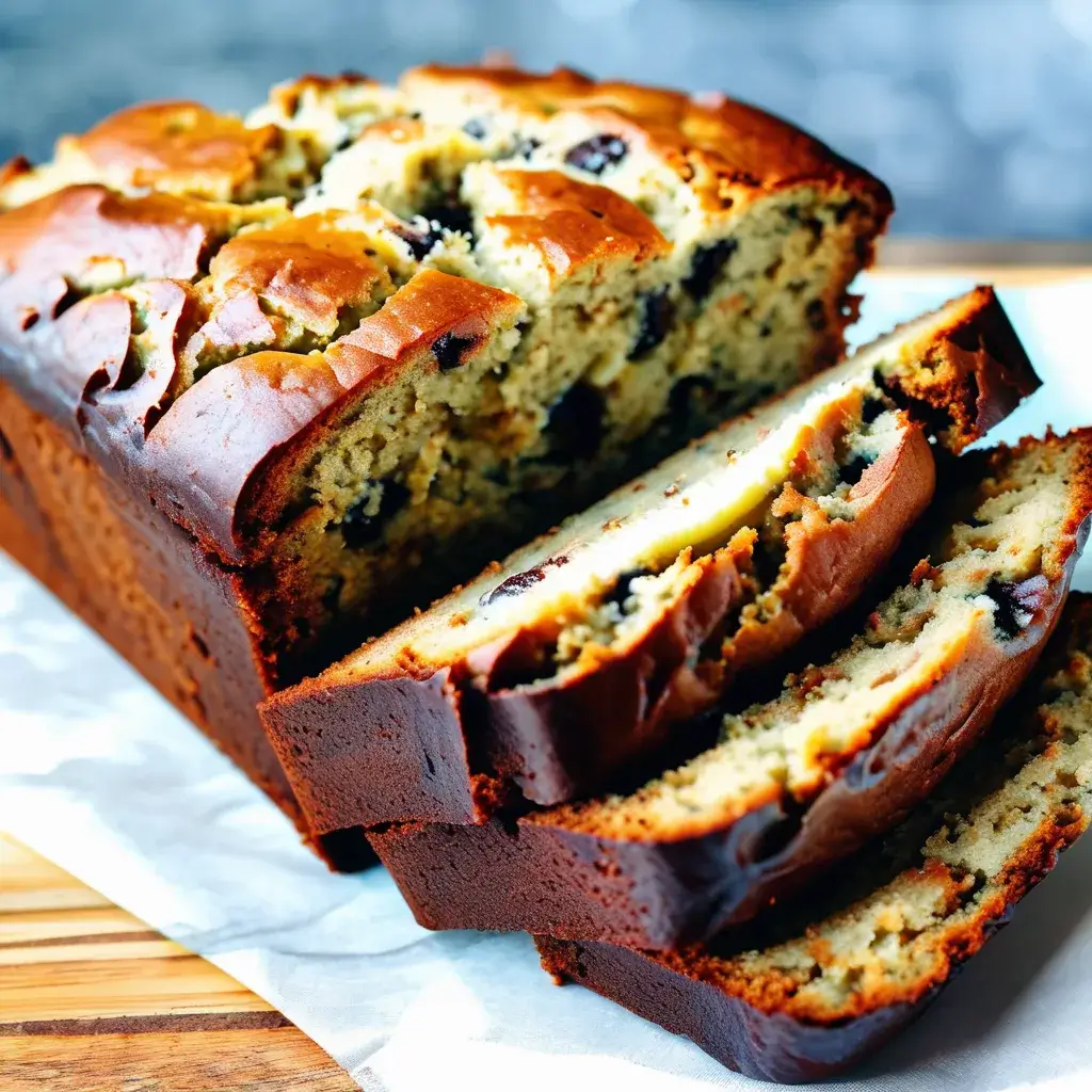 Moist banana bread loaf with slices, bananas, and walnuts on a wooden surface