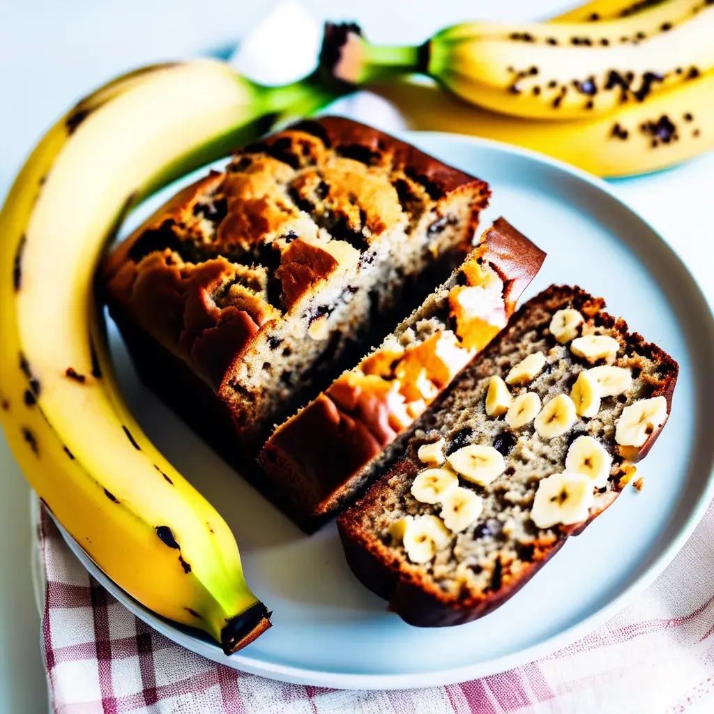 Banana bread loaf with slices, ripe bananas, and walnuts on a wooden table.