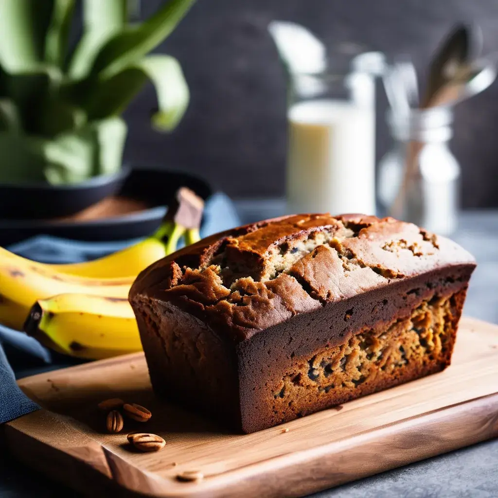 Golden-brown banana bread loaf with fresh slices, ripe bananas, and a sprinkle of walnuts on a rustic table.