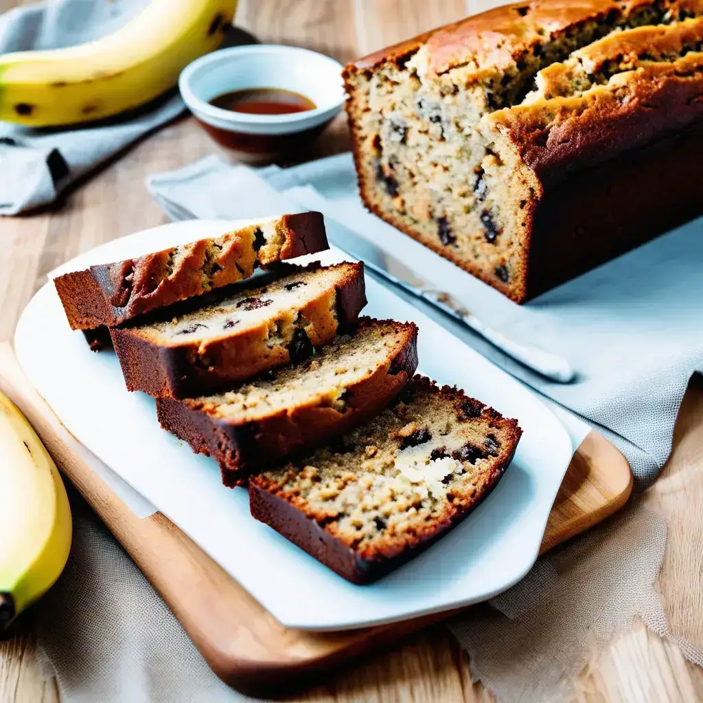 Freshly Baked Moist Banana Bread Loaf with Slices on a Wooden Board