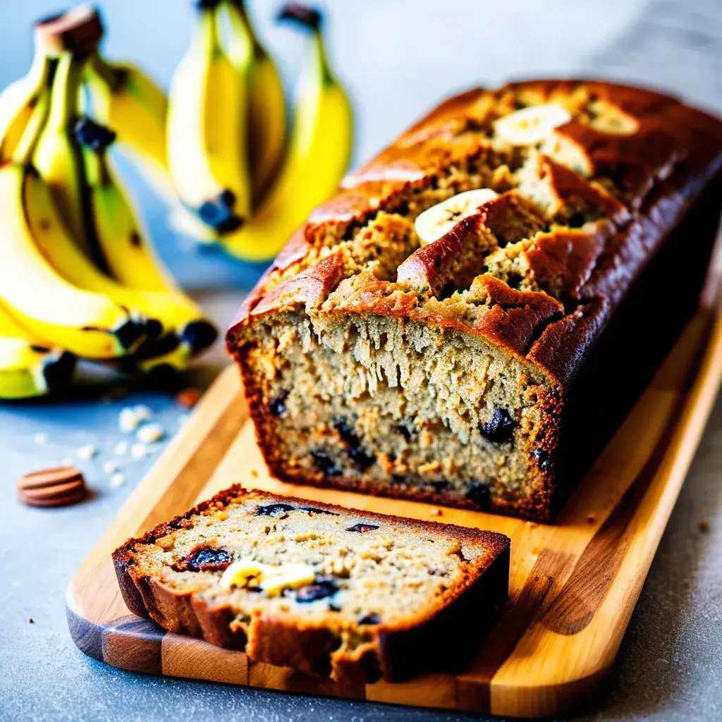 Freshly baked banana bread loaf with slices on a wooden cutting board, surrounded by ripe bananas.