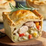 A close-up of a flaky, golden-brown chicken pot pie with a creamy filling of chicken, vegetables, and herbs, garnished with a sprig of rosemary.