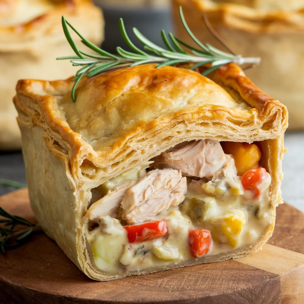 A close-up of a flaky, golden-brown chicken pot pie with a creamy filling of chicken, vegetables, and herbs, garnished with a sprig of rosemary.