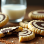 A close-up of freshly baked Shadow Milk Cookies with a swirl of chocolate and vanilla dough, placed on a wooden surface with cocoa powder and a glass of milk in the background.