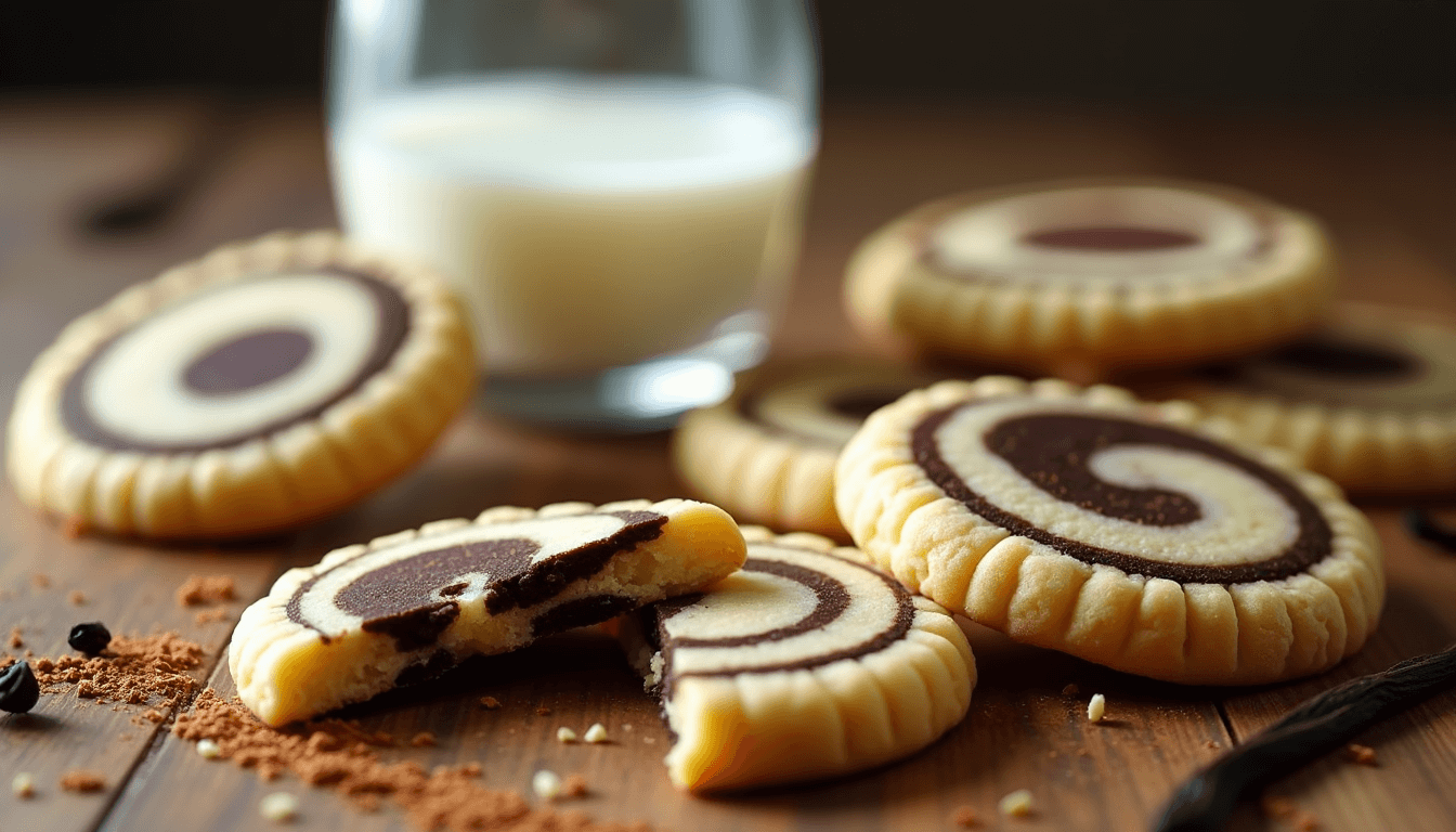 A close-up of freshly baked Shadow Milk Cookies with a swirl of chocolate and vanilla dough, placed on a wooden surface with cocoa powder and a glass of milk in the background.