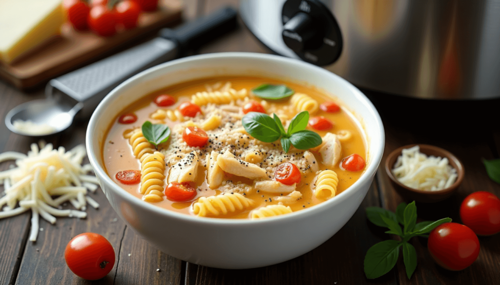 A rich and creamy slow-cooked pasta dish featuring orecchiette, tender chicken, diced bell peppers, and a flavorful, herb-infused sauce, garnished with fresh parsley.