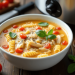 A rich and creamy slow-cooked pasta dish featuring orecchiette, tender chicken, diced bell peppers, and a flavorful, herb-infused sauce, garnished with fresh parsley.