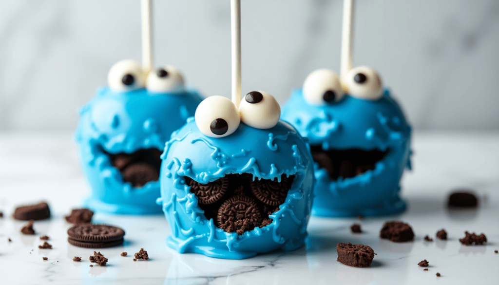 Blue Cookie Monster-themed candy apples with edible candy eyes, a wide cookie-filled mouth, and a glossy candy coating, placed on a marble surface with scattered Oreo crumbs.