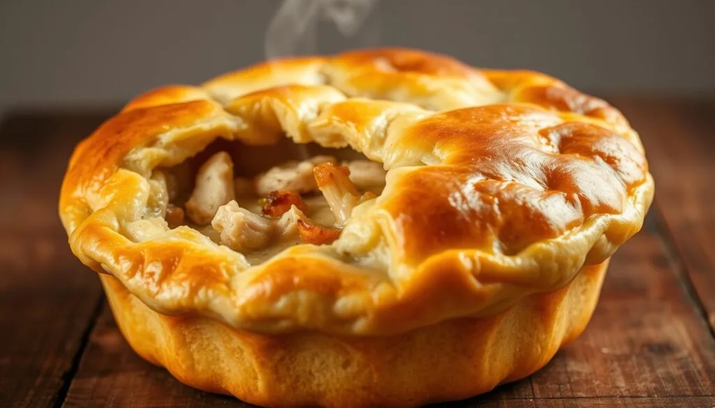 A freshly baked chicken pot pie with a golden, flaky crust, slightly cracked open to reveal a creamy filling of tender chicken and vegetables, with steam rising from the top.