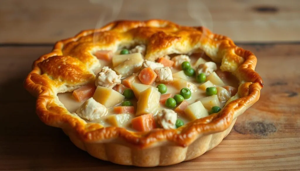 A golden-brown chicken pot pie with a flaky crust, revealing a steaming hot filling of tender chicken, peas, carrots, and potatoes, served on a rustic wooden surface.