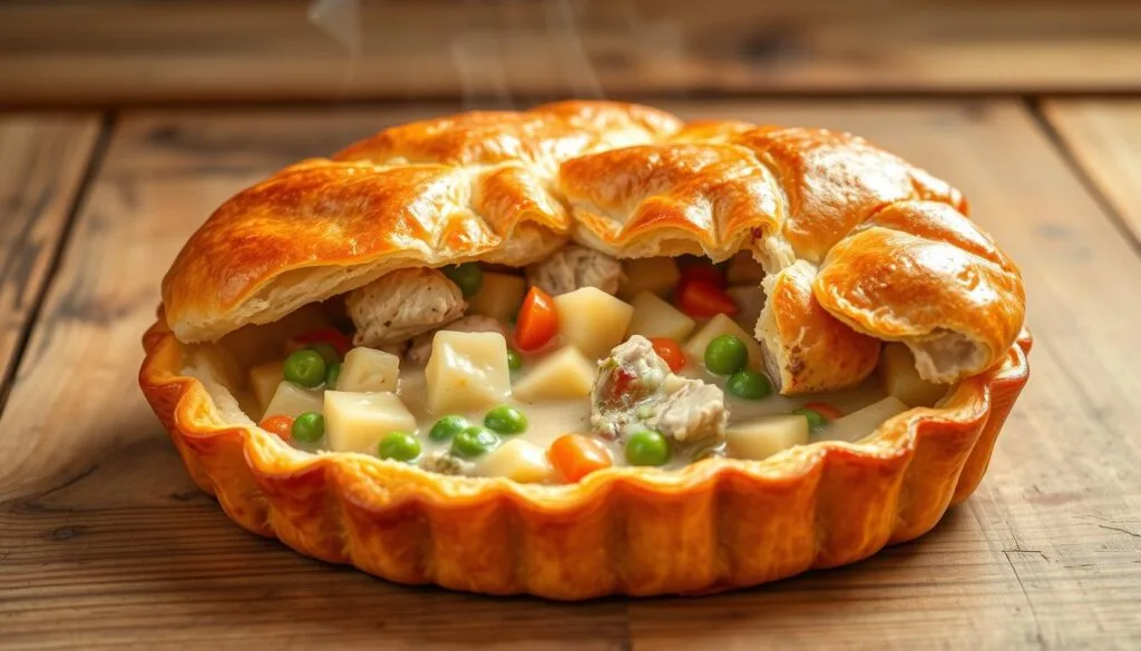 A homemade chicken pot pie with a golden, flaky crust, filled with tender chicken, diced potatoes, carrots, and green peas in a creamy sauce, with steam rising from the filling.