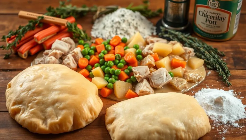 A freshly baked chicken pot pie with a golden, flaky crust, revealing a creamy filling of chicken, peas, carrots, and potatoes, steaming hot on a rustic wooden table.