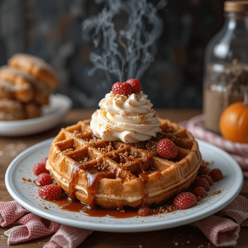 A crispy golden waffle topped with a heart-shaped strawberry, fresh berries, chocolate chips, and powdered sugar, served on a white plate over a red patterned tablecloth.