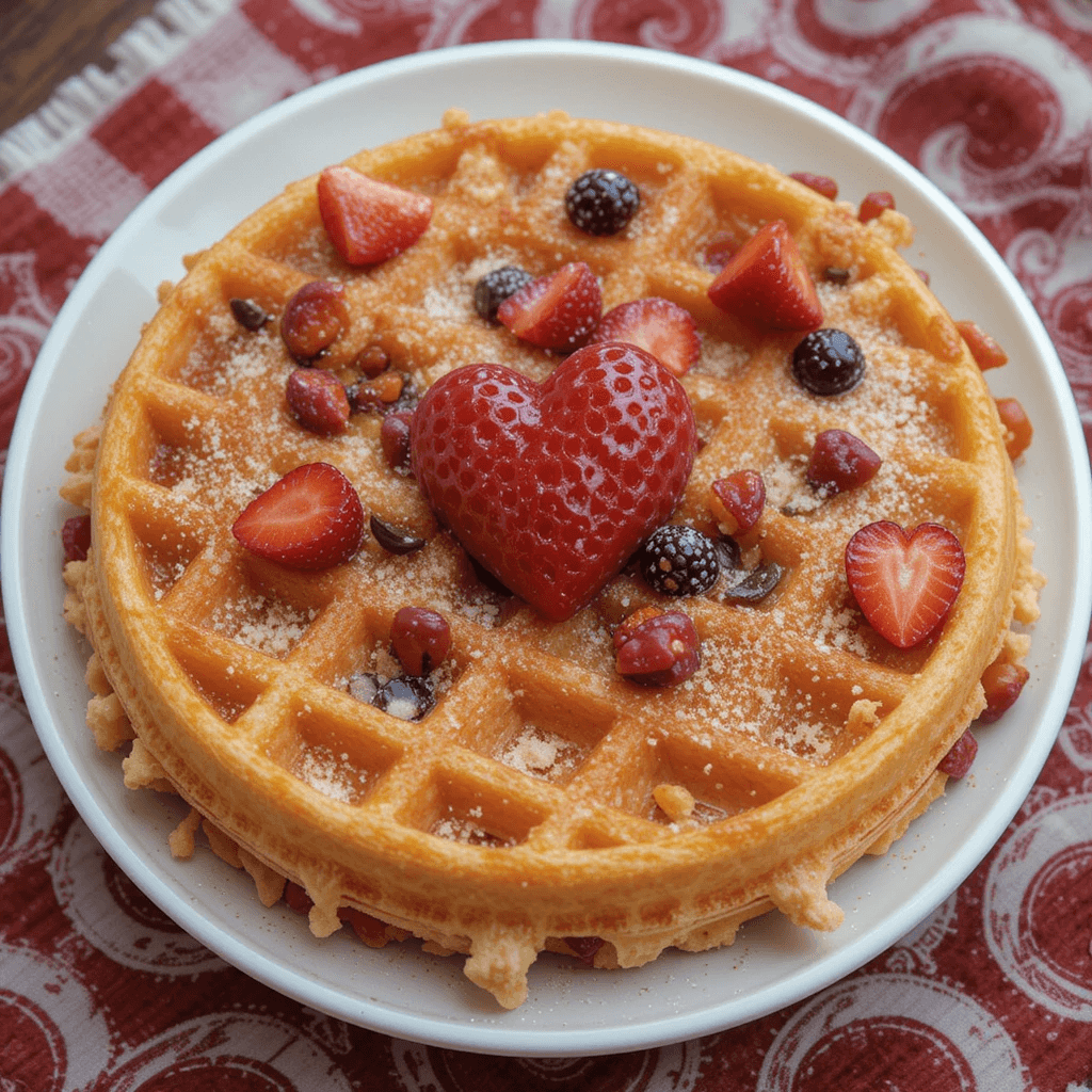 A golden-brown waffle topped with a heart-shaped strawberry, fresh berries, chocolate chips, and powdered sugar, served on a white plate over a red patterned tablecloth.