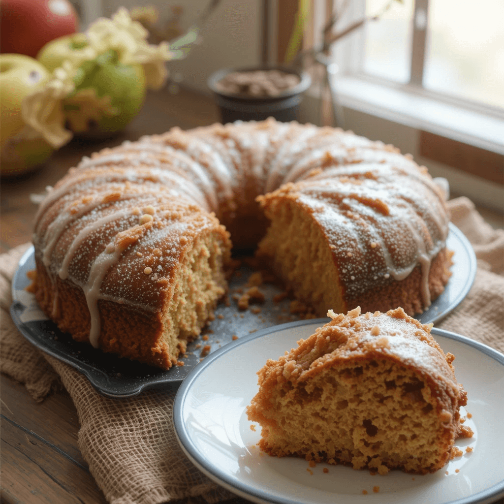 A close-up of a moist apple cake slice with a fork on a rustic plate.