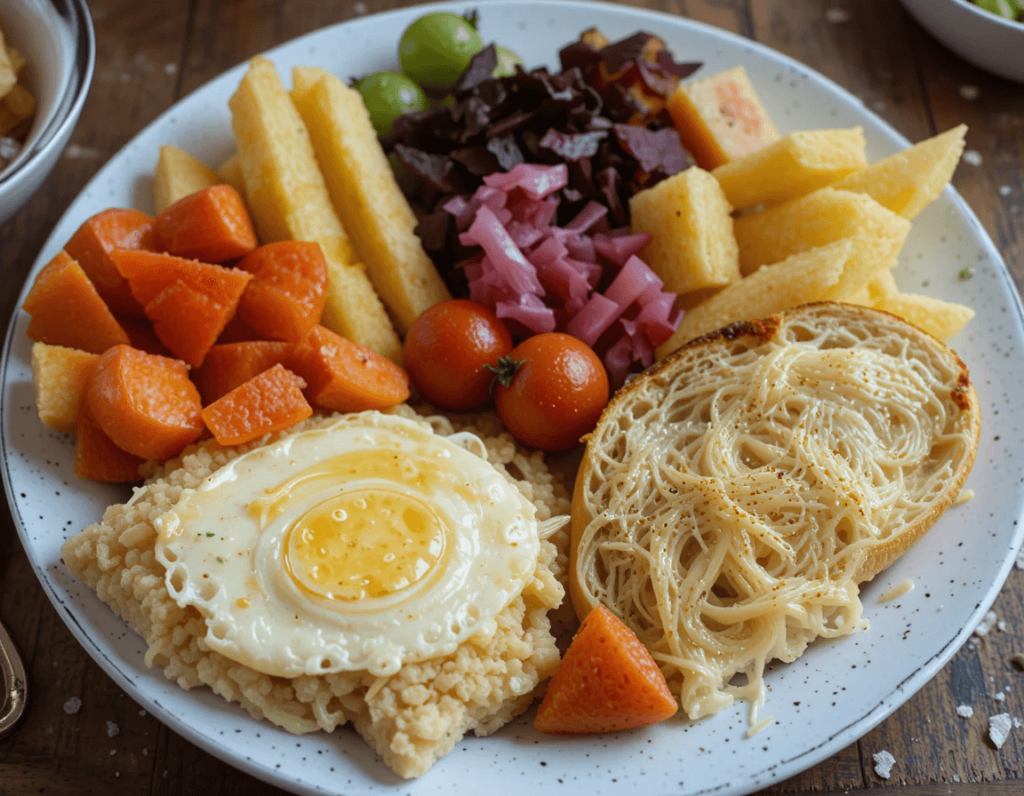 A vibrant Ploughman’s Lunch on a white speckled plate, featuring a sunny-side-up egg on crispy crackers, toasted bread with cheese, pickled vegetables, cherry tomatoes, cubed cheese, fresh greens, and sliced carrots.