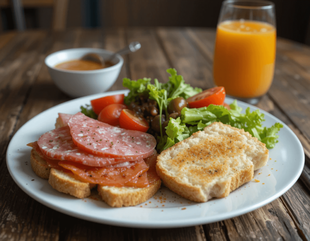 A Ploughman’s Lunch featuring a variety of cheeses, cold cuts, pickles, bread, and fresh vegetables, arranged on a rustic wooden platter.