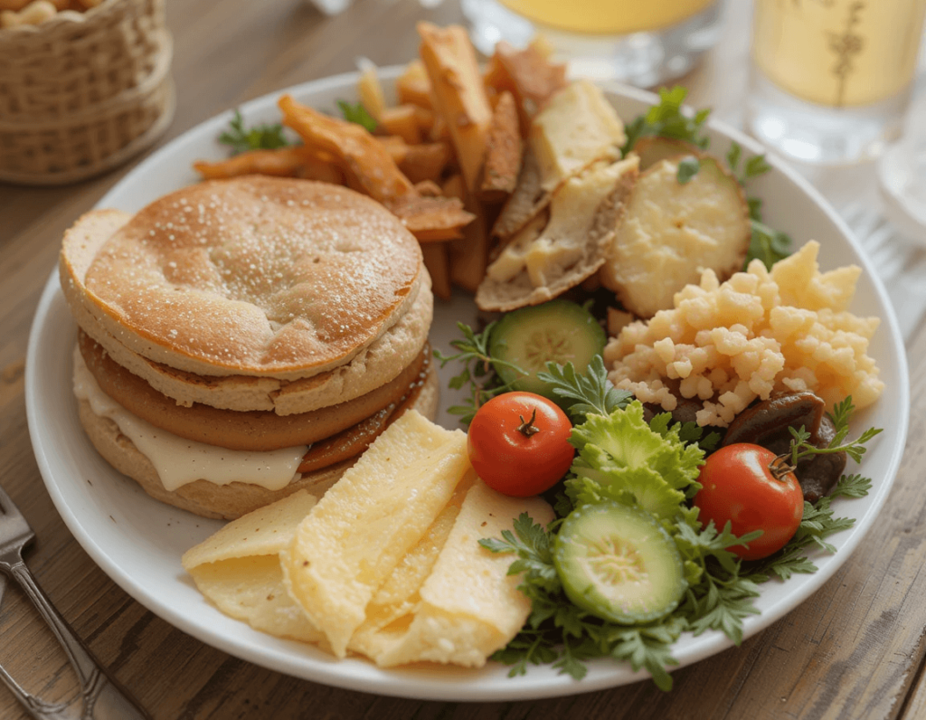 A rustic Ploughman’s Lunch on a white plate, featuring a toasted sandwich with melted cheese, crispy fries, a selection of cheeses, fresh cherry tomatoes, cucumber slices, leafy greens, and pickles.