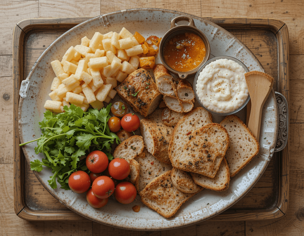 A rustic Ploughman’s Lunch served on a speckled ceramic platter, featuring crusty bread slices, cherry tomatoes, fresh greens, cubed cheese, a small bowl of chutney, and a creamy dip.