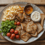 A rustic Ploughman’s Lunch served on a speckled ceramic platter, featuring crusty bread slices, cherry tomatoes, fresh greens, cubed cheese, a small bowl of chutney, and a creamy dip.