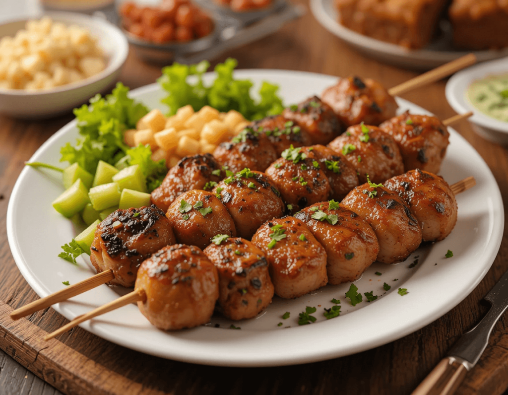 Juicy Adana Kebab skewers grilled to perfection, served with sumac onions, roasted tomatoes, charred peppers, and warm lavash bread on a rustic wooden platter.

