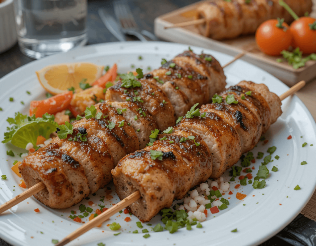 Five skewers of traditional Adana Kebab sizzling on a charcoal grill, releasing smoky aromas, served alongside vibrant sumac onions and fresh herbs.

