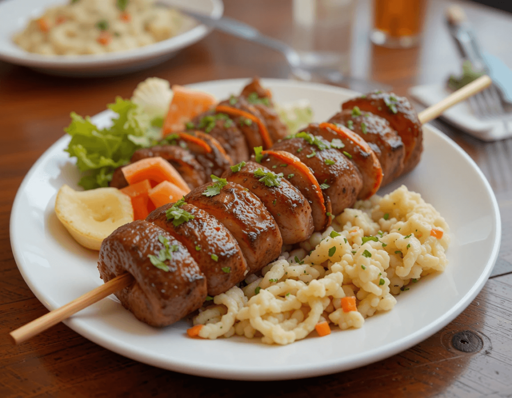 A beautifully plated Adana Kebab dish featuring juicy skewers of spiced ground lamb, served with roasted tomatoes, grilled peppers, sumac onions, and fluffy lavash bread.

