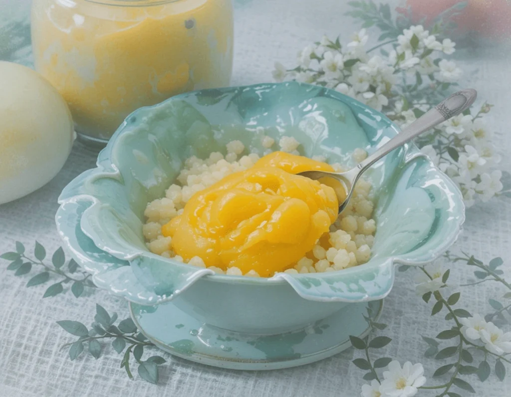 A spoonful of thick, creamy mango curd resting on the edge of a jar, with fresh mango slices in the background.

