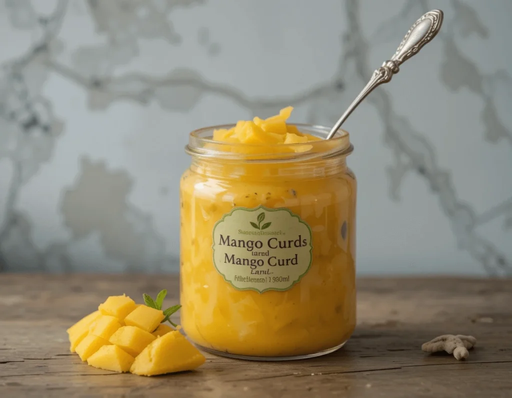 A jar of homemade mango curd with a spoonful being lifted, showcasing its rich, velvety texture and vibrant yellow hue.

