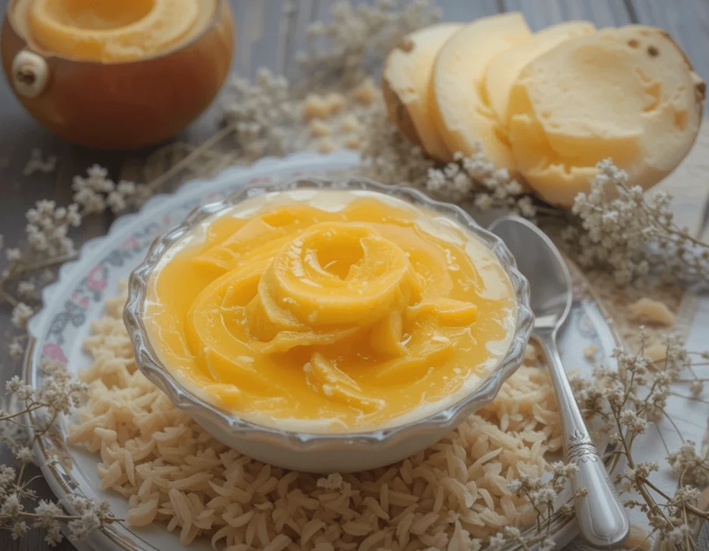 A glass jar filled with vibrant homemade mango curd, surrounded by fresh mango slices and a spoon ready for serving.

