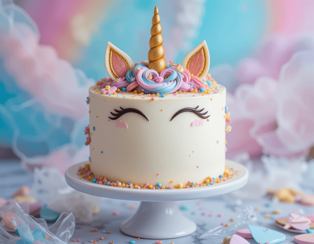 A pastel-colored unicorn cake with a golden horn and fondant ears, beautifully displayed on a white cake stand, surrounded by soft decorations and sprinkles.

