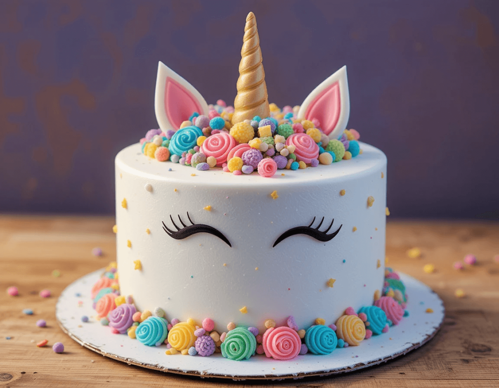 A beautifully decorated unicorn cake featuring white frosting, a golden horn, pastel-colored buttercream flowers, and fondant unicorn ears with closed-eye details.