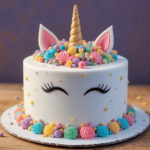 A beautifully decorated unicorn cake featuring white frosting, a golden horn, pastel-colored buttercream flowers, and fondant unicorn ears with closed-eye details.