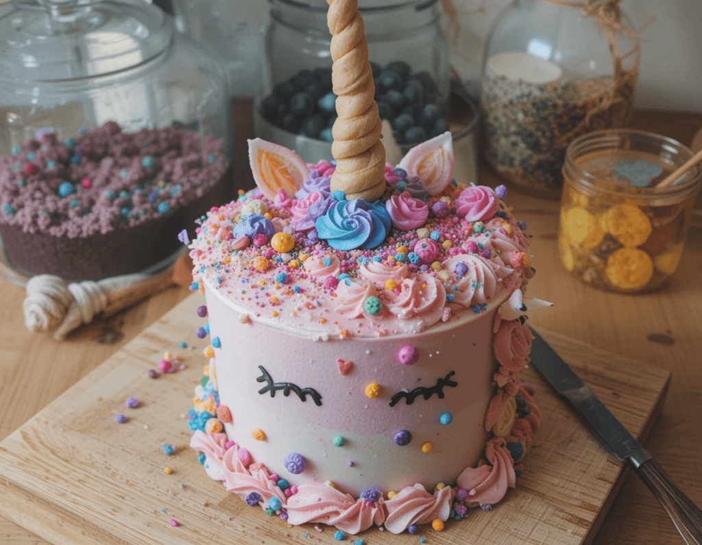 A beautifully decorated unicorn cake in progress, featuring pastel buttercream flowers, a golden fondant horn, and fondant ears, with decorating tools and sprinkles nearby.

