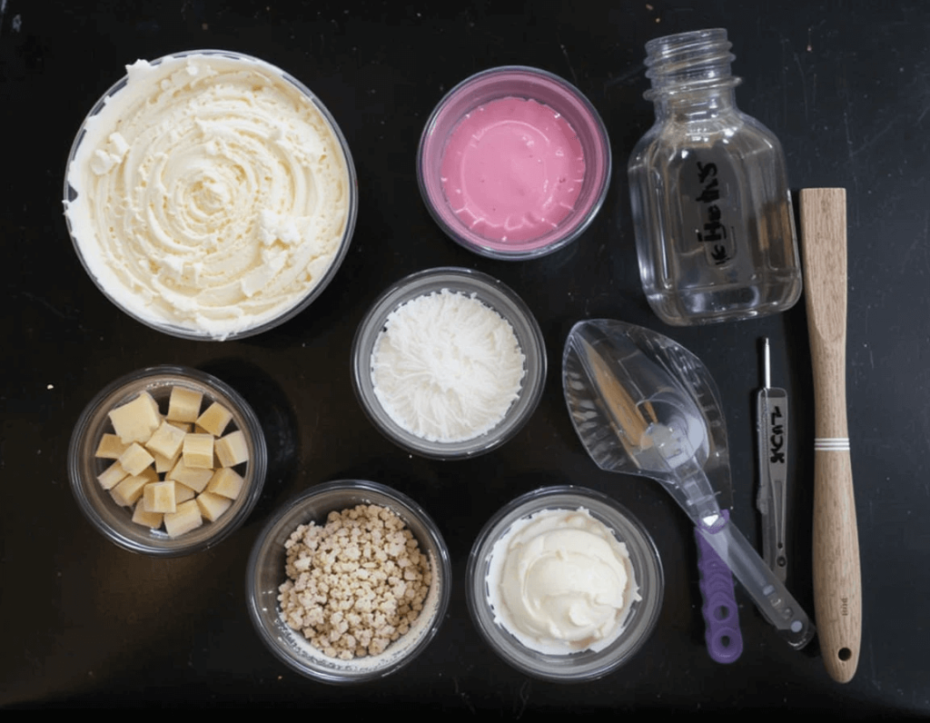 An assortment of unicorn cake decorating supplies, including buttercream frosting, pink icing, white chocolate chunks, sprinkles, and essential cake decorating tools on a black surface.

