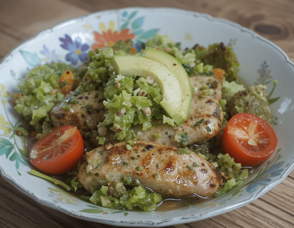 A close-up of a Grilled Chicken & Avocado Salad with tender grilled chicken, avocado slices, cherry tomatoes, and a homemade dressing.