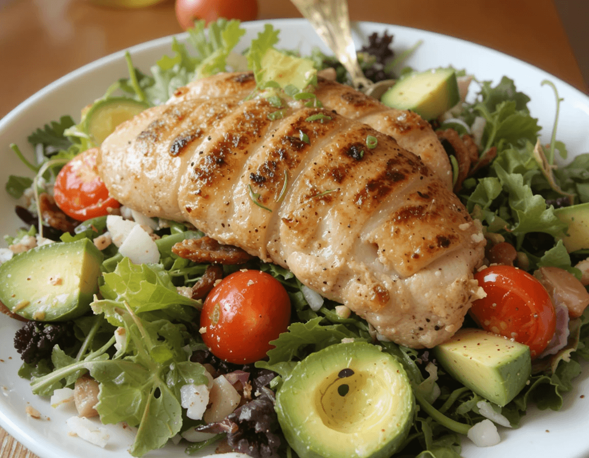 A vibrant Grilled Chicken & Avocado Salad with juicy grilled chicken, creamy avocado, cherry tomatoes, and mixed greens, drizzled with a tangy dressing.