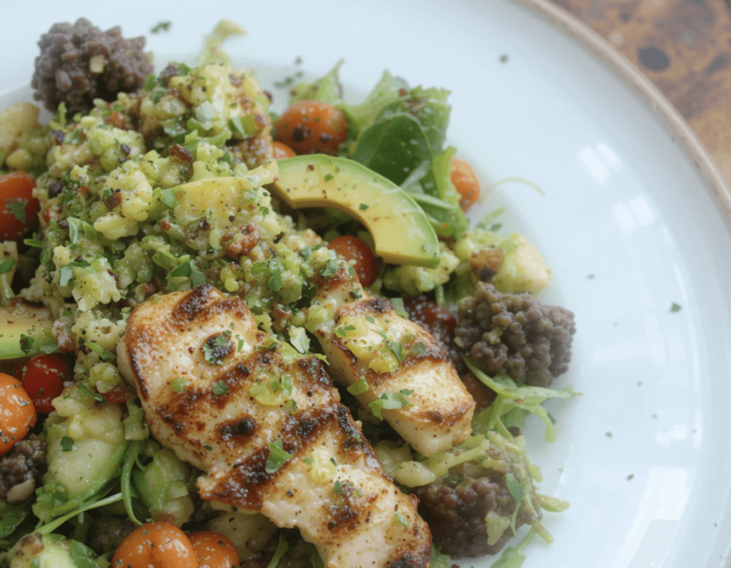  A refreshing Grilled Chicken & Avocado Salad with grilled chicken strips, avocado, cherry tomatoes, and a drizzle of balsamic vinaigrette.