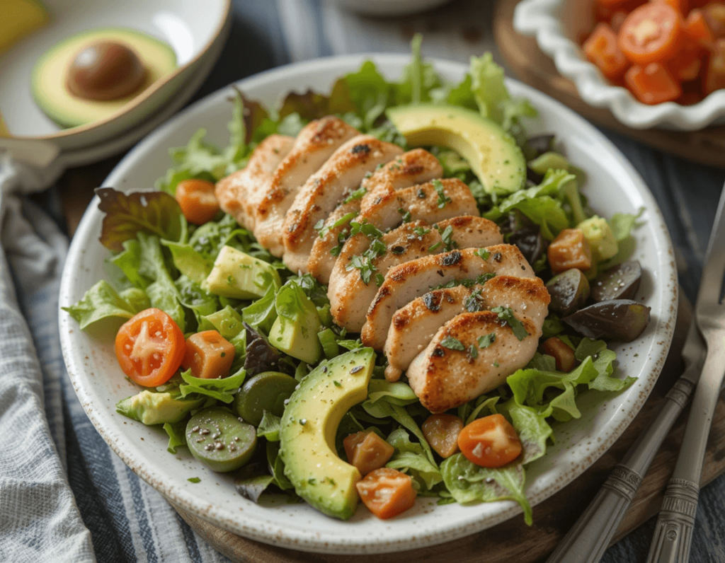 A fresh Grilled Chicken & Avocado Salad topped with grilled chicken slices, creamy avocado, cherry tomatoes, mixed greens, and a light vinaigrette dressing.