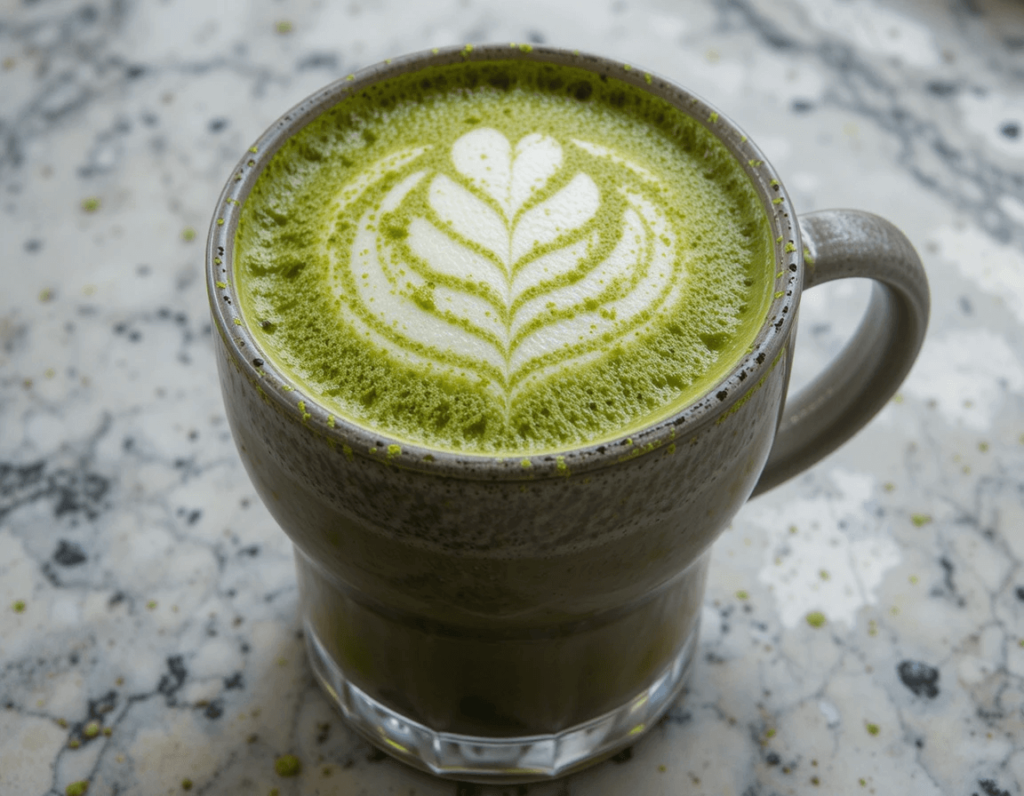 A steaming cup of vibrant green matcha latte with delicate foam art, served in a rustic ceramic mug on a wooden tray, with a bamboo whisk and matcha powder in the background.

