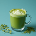 A vibrant green matcha latte in a ceramic cup with frothy milk, topped with a delicate latte art swirl, placed on a wooden table.