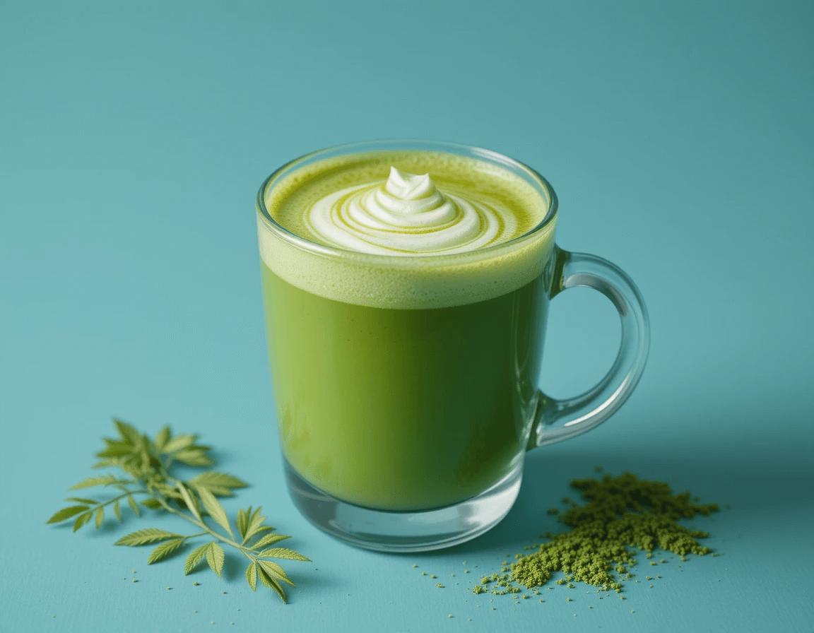 A vibrant green matcha latte in a ceramic cup with frothy milk, topped with a delicate latte art swirl, placed on a wooden table.