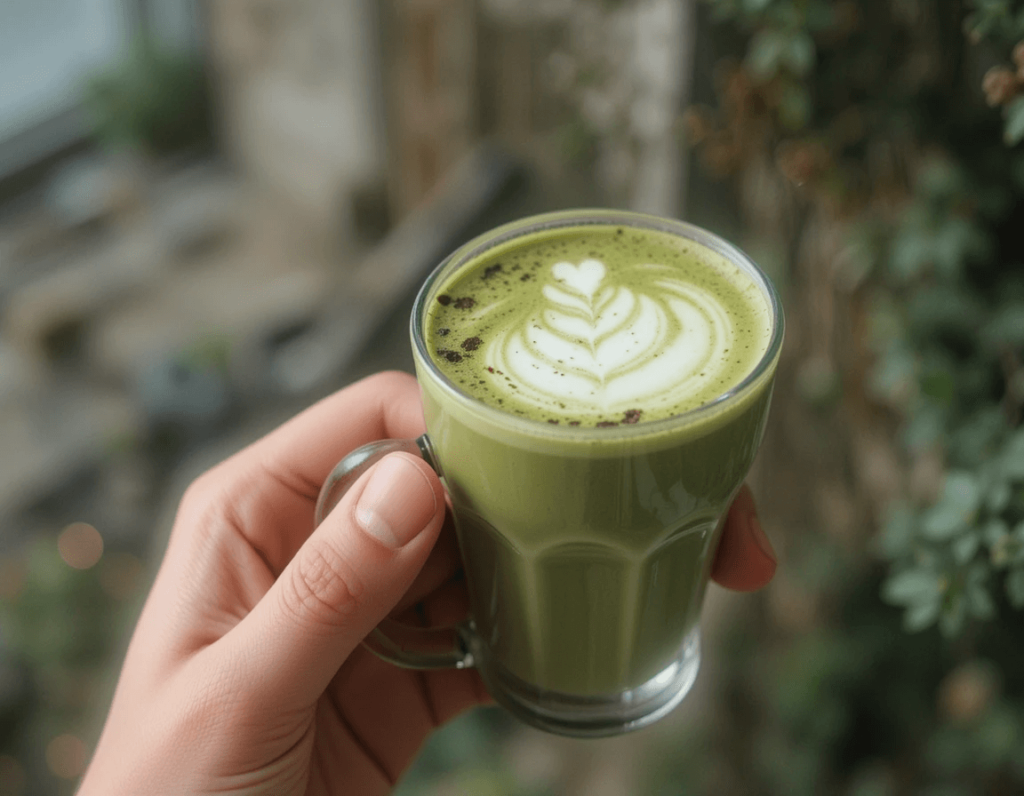 A steaming cup of vibrant green matcha latte with delicate foam art, served in a rustic ceramic mug on a wooden tray, with a bamboo whisk and matcha powder in the background.