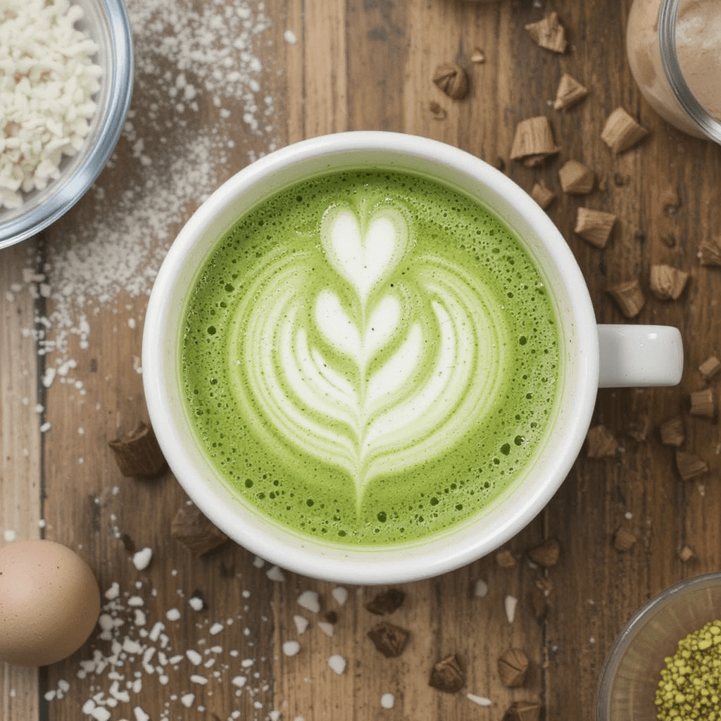 A steaming cup of vibrant green matcha latte with delicate foam art, served in a rustic ceramic mug on a wooden tray, with a bamboo whisk and matcha powder in the background.

