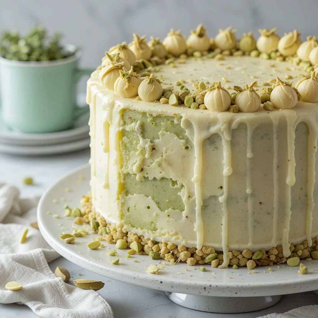 A delicious slice of green pistachio cake with a smooth, creamy frosting, garnished with chopped pistachios, resting on a rustic wooden plate with a few whole pistachios scattered around.