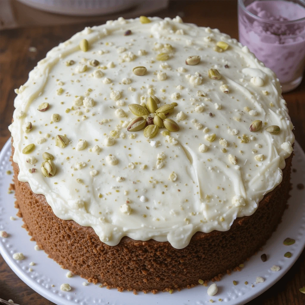 A freshly baked green pistachio cake with a smooth layer of buttercream frosting and a sprinkle of crushed pistachios, placed on a decorative cake stand with a few whole pistachios on the side.

