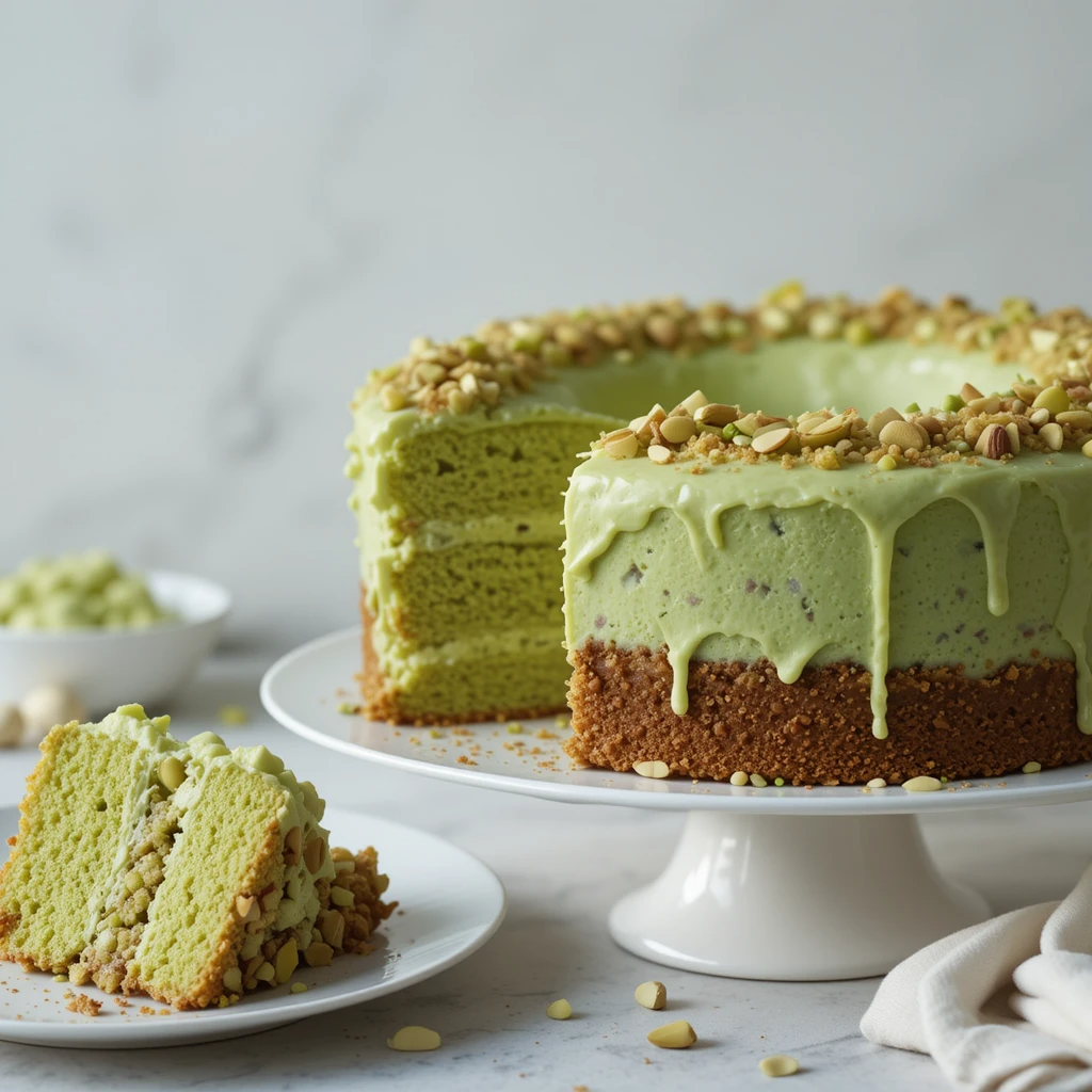 A moist slice of Green Pistachio Cake with a vibrant green color, topped with a light frosting and sprinkled with chopped pistachios.