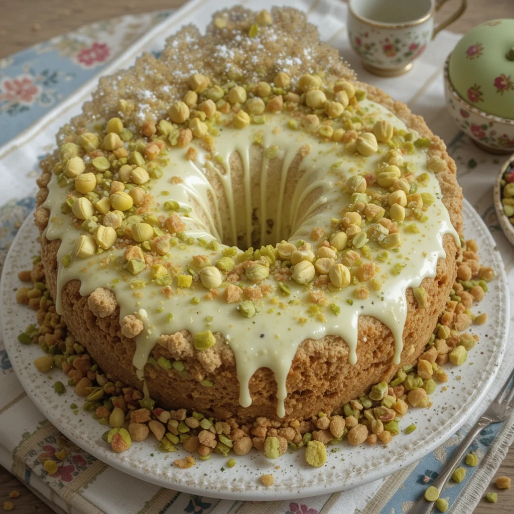 A freshly baked green pistachio cake with a smooth layer of buttercream frosting and a sprinkle of crushed pistachios, placed on a decorative cake stand with a few whole pistachios on the side.

A freshly baked green pistachio cake with a smooth layer of buttercream frosting and a sprinkle of crushed pistachios, placed on a decorative cake stand with a few whole pistachios on the side.

