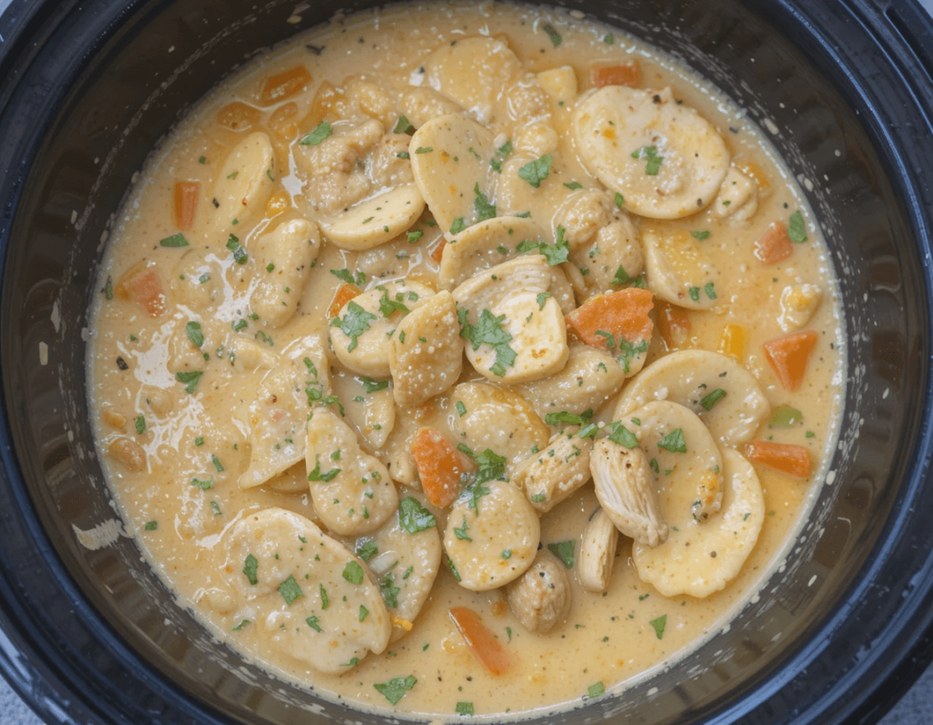 A creamy, savory pasta dish with orecchiette, diced chicken, bell peppers, and fresh herbs in a slow cooker