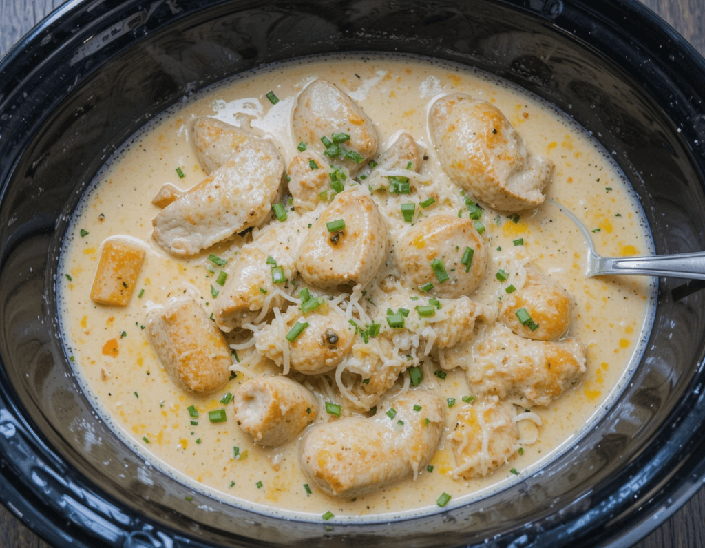 A rich, creamy slow-cooked chicken soup with melted cheese, garlic, and fresh vegetables, served in a black crockpot on a cozy blue and beige fabric.

